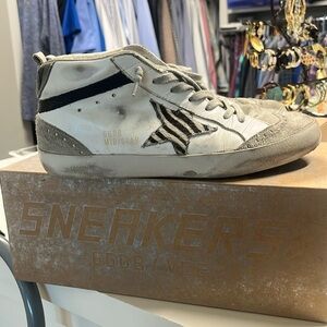 Golden Goose mid star sneakers. White leather with zebra star. Women’s size 37